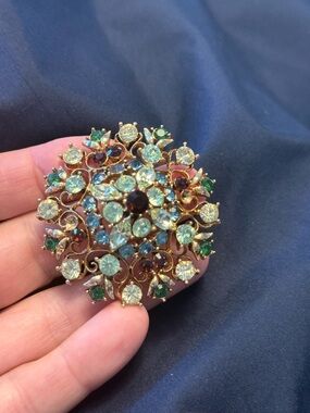 Gold-Tone Multicolor Crystal Floral Brooch - Green, Light Blue & Garnet Accent